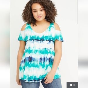Lane Bryant cold shoulder tee, size 22/24, blue green tie dye
